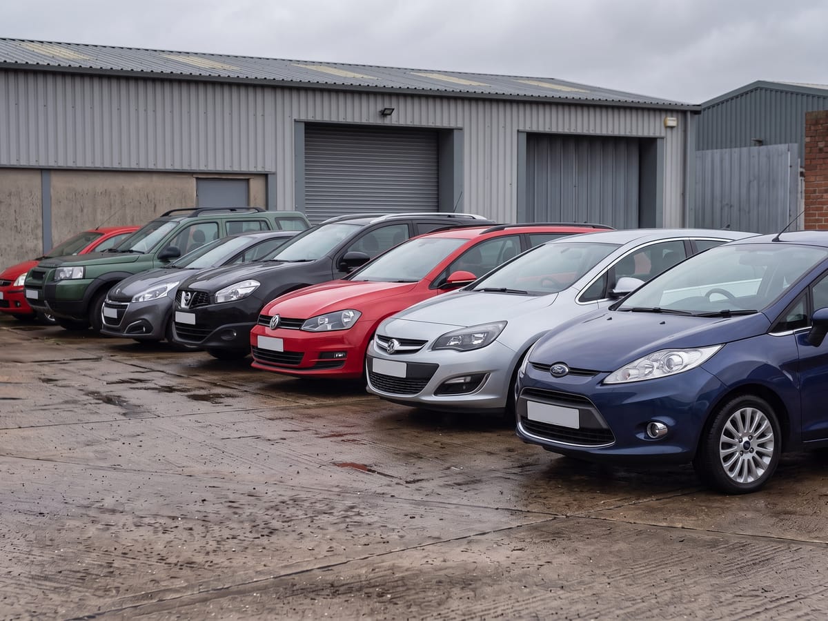 The Tyneline Automotive forecourt, cars parked nose-in on a damp morning