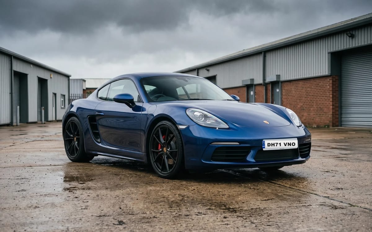 Porsche 718 Cayman 2.0 Manual in Gentian Blue Metallic, front three-quarter view